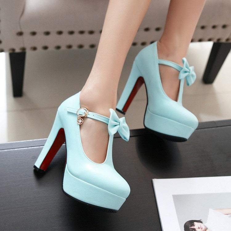 Women T Strap Bowtie Platform Pumps High Heels Shoes