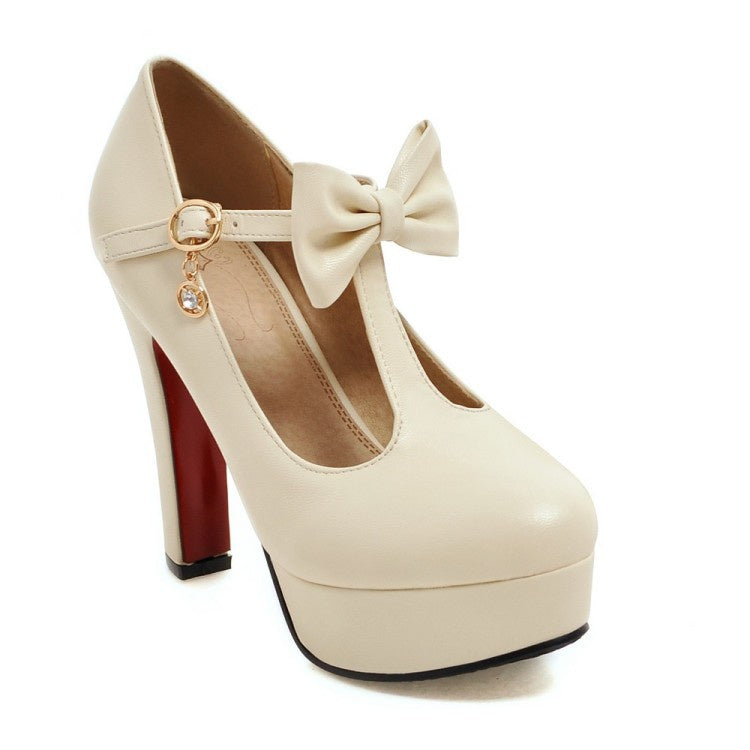 Women T Strap Bowtie Platform Pumps High Heels Shoes