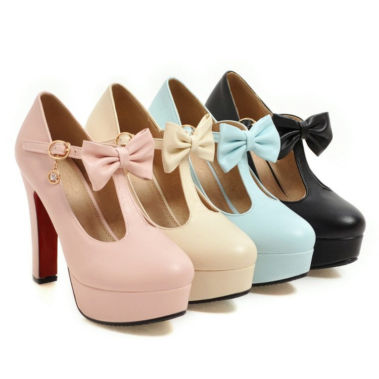 Women T Strap Bowtie Platform Pumps High Heels Shoes