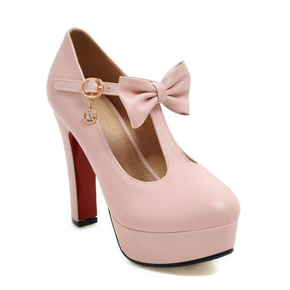 Women T Strap Bowtie Platform Pumps High Heels Shoes