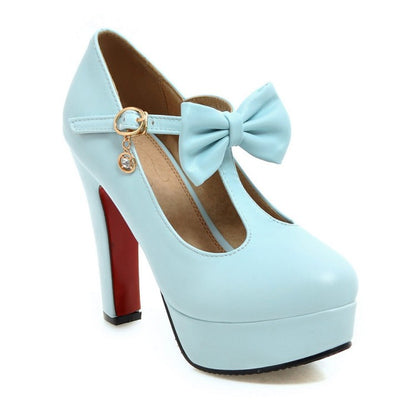 Women T Strap Bowtie Platform Pumps High Heels Shoes