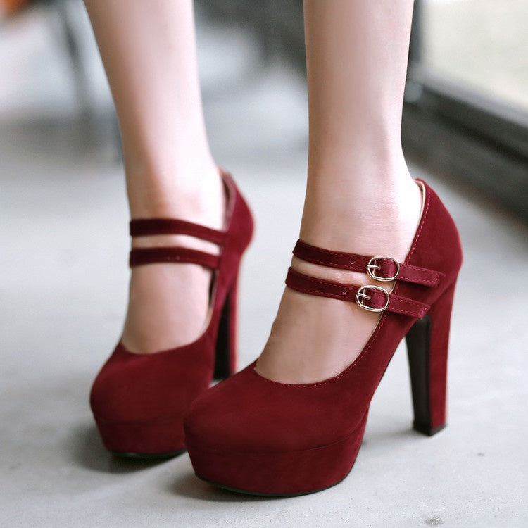 Women Double Buckle Platform Pumps High Heels Shoes