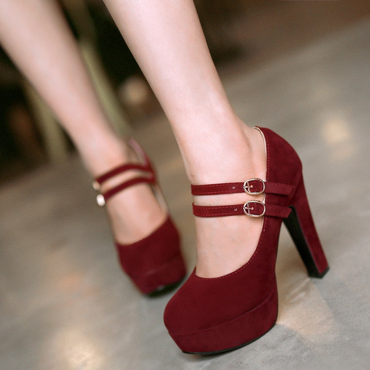 Women Double Buckle Platform Pumps High Heels Shoes