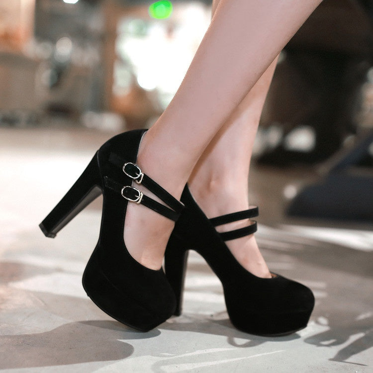 Women Double Buckle Platform Pumps High Heels Shoes