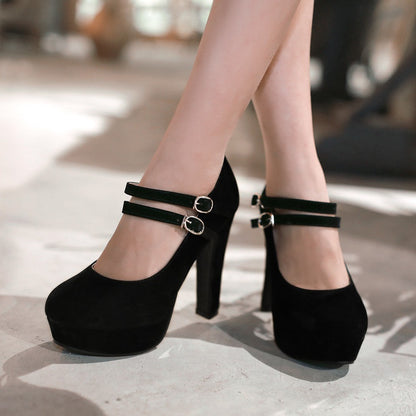 Women Double Buckle Platform Pumps High Heels Shoes