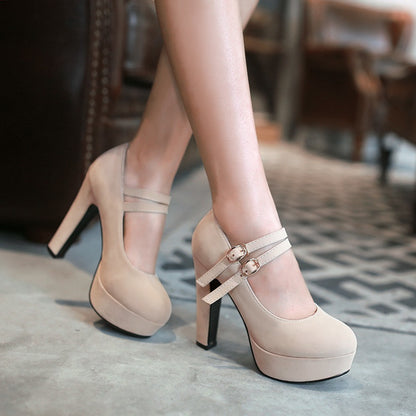 Women Double Buckle Platform Pumps High Heels Shoes