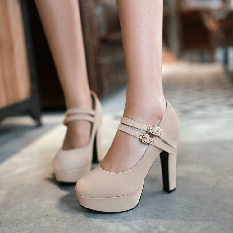 Women Double Buckle Platform Pumps High Heels Shoes