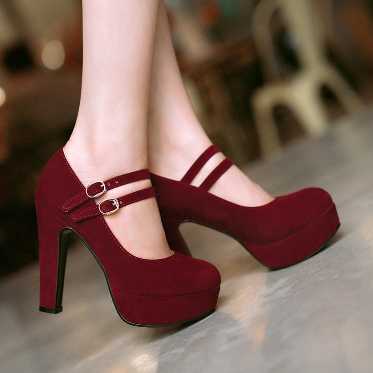 Women Double Buckle Platform Pumps High Heels Shoes