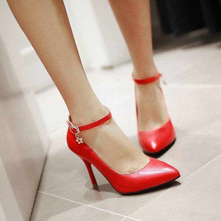 Women Pointed Toe Ankle Strap Pumps High Heels Shoes