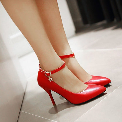 Women Pointed Toe Ankle Strap Pumps High Heels Shoes