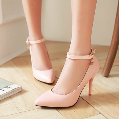 Women Pointed Toe Ankle Strap Pumps High Heels Shoes