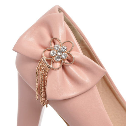 Women Bowtie Tassel Platform Pumps High Heels Shoes