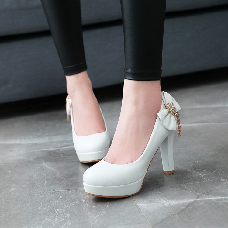 Women Bowtie Tassel Platform Pumps High Heels Shoes