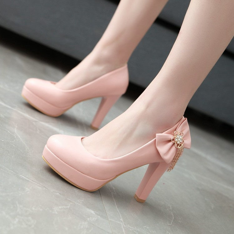 Women Bowtie Tassel Platform Pumps High Heels Shoes