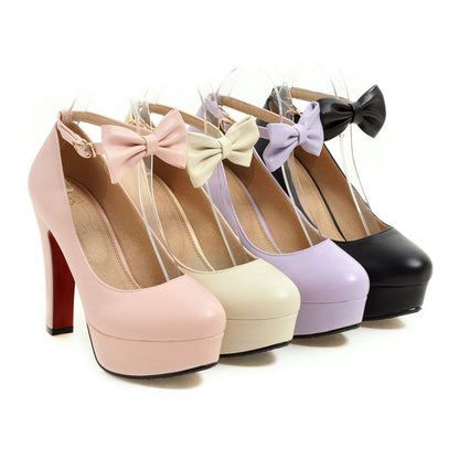 Women Ankle Strap Bowtie Platform Pumps High Heels Shoes