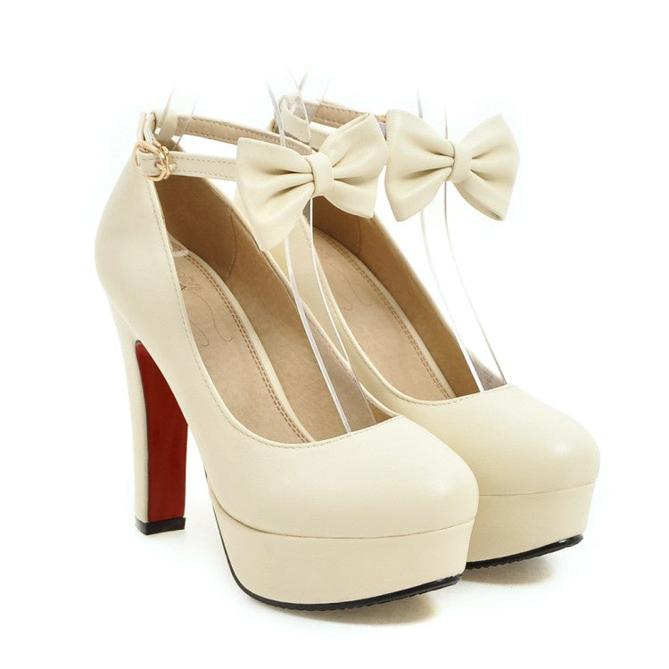 Women Ankle Strap Bowtie Platform Pumps High Heels Shoes