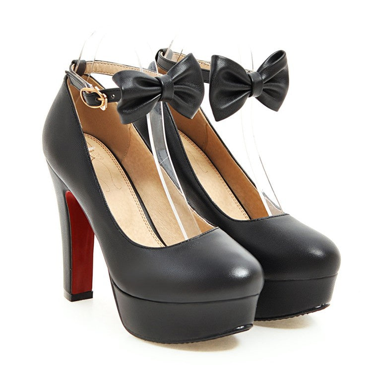 Women Ankle Strap Bowtie Platform Pumps High Heels Shoes