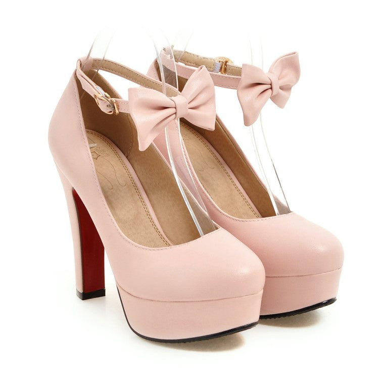 Women Ankle Strap Bowtie Platform Pumps High Heels Shoes