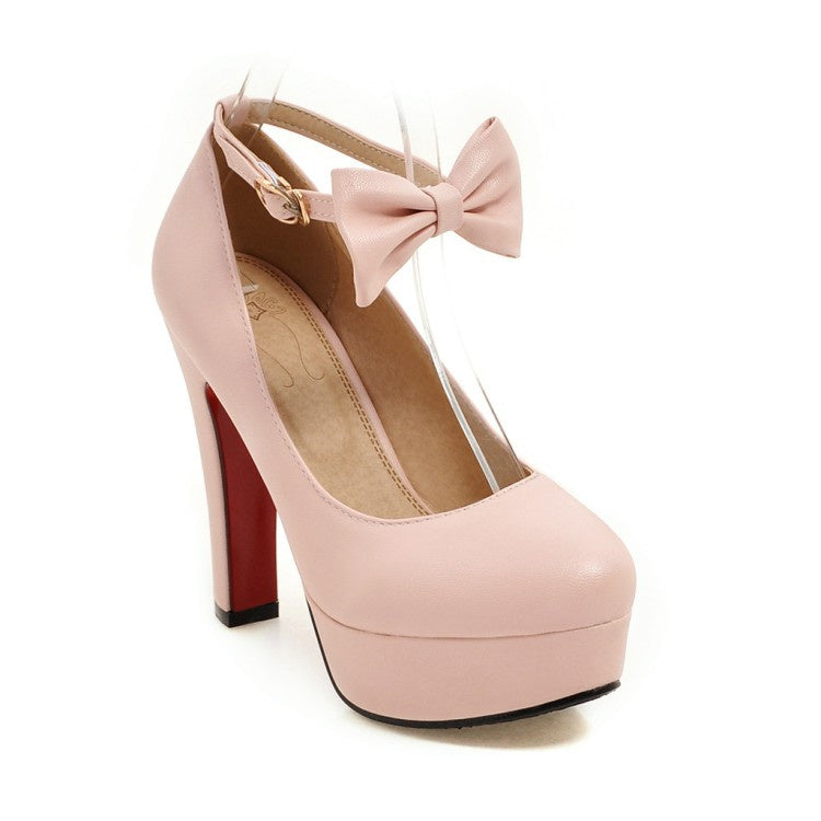 Women Ankle Strap Bowtie Platform Pumps High Heels Shoes