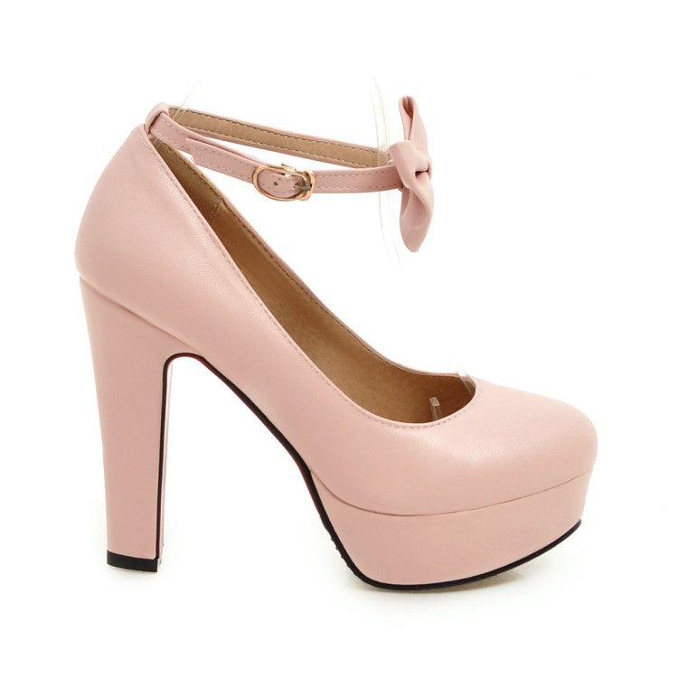 Women Ankle Strap Bowtie Platform Pumps High Heels Shoes