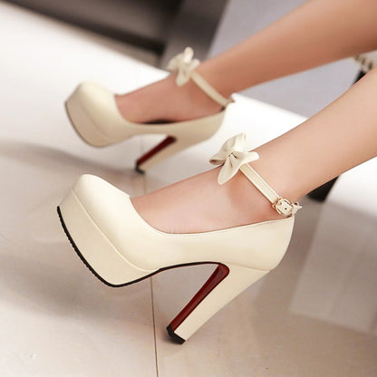 Women Ankle Strap Bowtie Platform Pumps High Heels Shoes