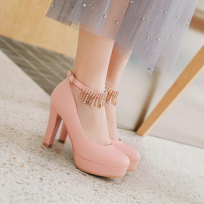 Women Ankle Strap Rhinestone Platform Pumps High Heels Shoes