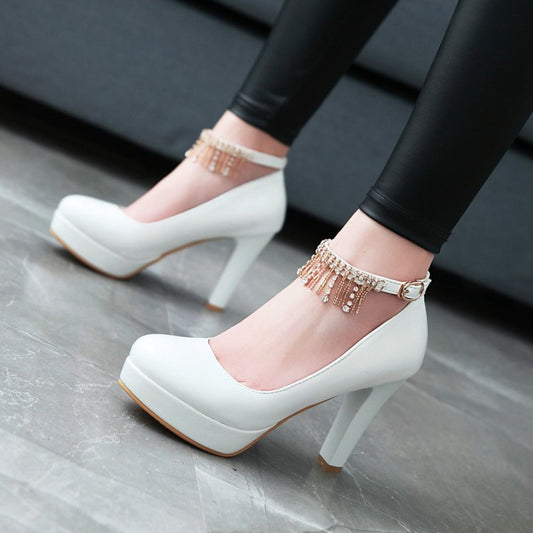 Women Ankle Strap Rhinestone Platform Pumps High Heels Shoes