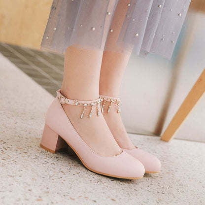 Women Rhinestone Ankle Strap Pumps Chunky Heeled Shoes