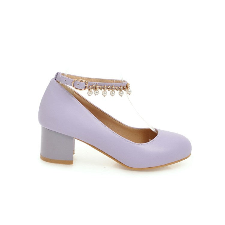 Women Pearl Ankle Strap Pumps Chunky Heeled Shoes