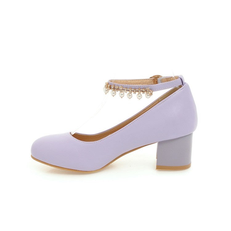 Women Pearl Ankle Strap Pumps Chunky Heeled Shoes