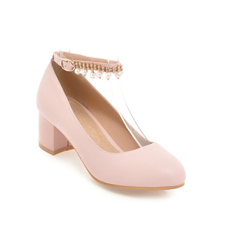 Women Pearl Ankle Strap Pumps Chunky Heeled Shoes