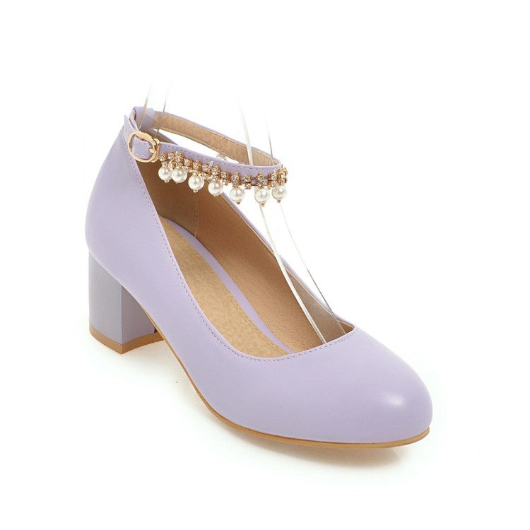 Women Pearl Ankle Strap Pumps Chunky Heeled Shoes