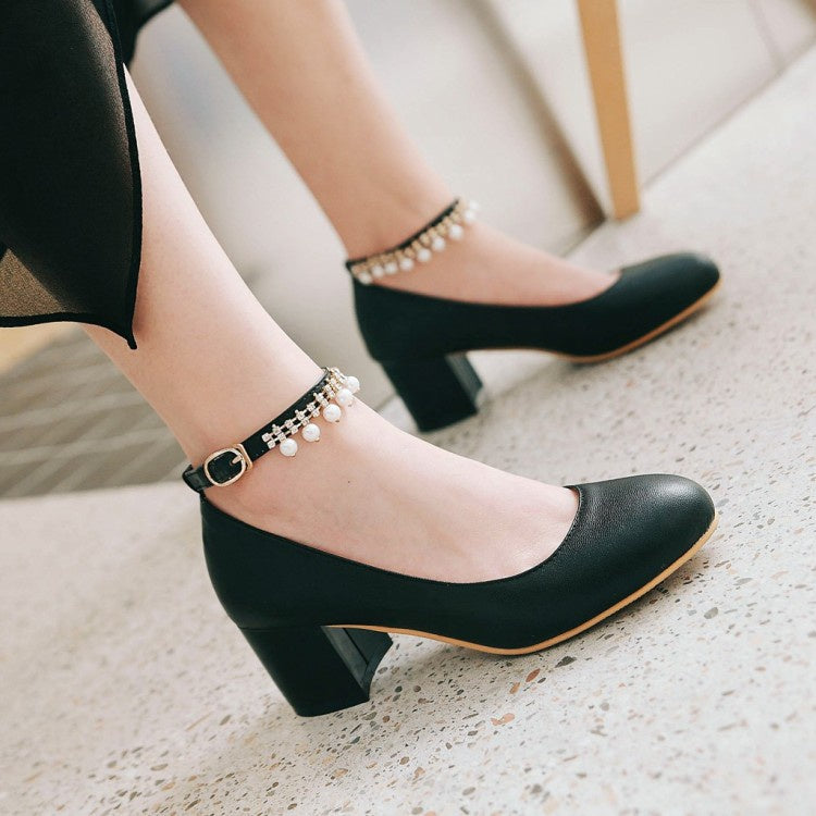 Women Pearl Ankle Strap Pumps Chunky Heeled Shoes