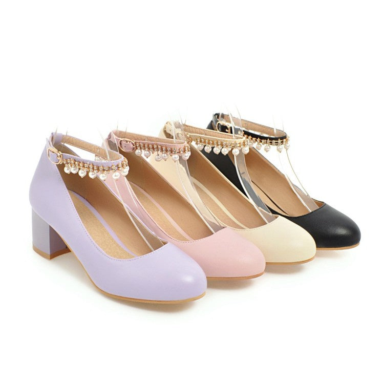 Women Pearl Ankle Strap Pumps Chunky Heeled Shoes