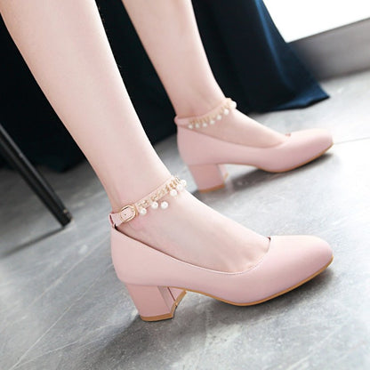 Women Pearl Ankle Strap Pumps Chunky Heeled Shoes