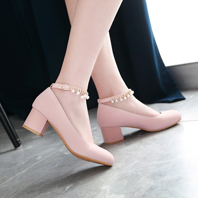 Women Pearl Ankle Strap Pumps Chunky Heeled Shoes