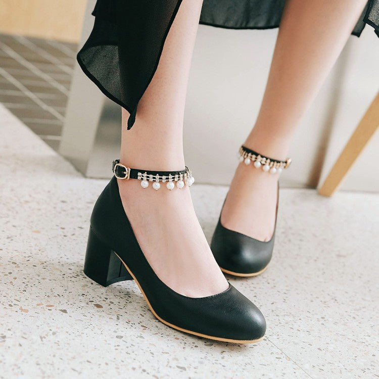 Women Pearl Ankle Strap Pumps Chunky Heeled Shoes