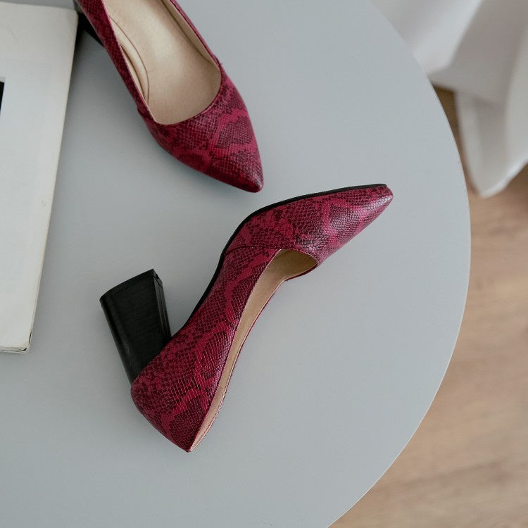 Women Snake-print High Heeled Chunky Heels Pumps