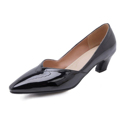 Women Patent Leather Low Heeled Chunky Heels Pumps