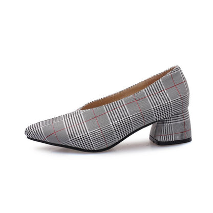 Women Plaid High Heeled Chunky Heels Pumps