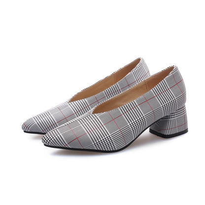 Women Plaid High Heeled Chunky Heels Pumps