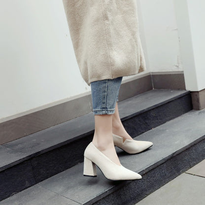 Women Pointed Toe High Heeled Chunky Heels Pumps