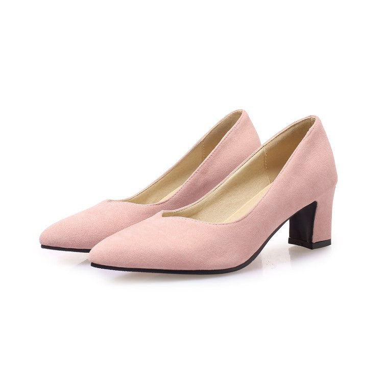 Women Suede Pointed Toe High Heeled Chunky Heels Pumps