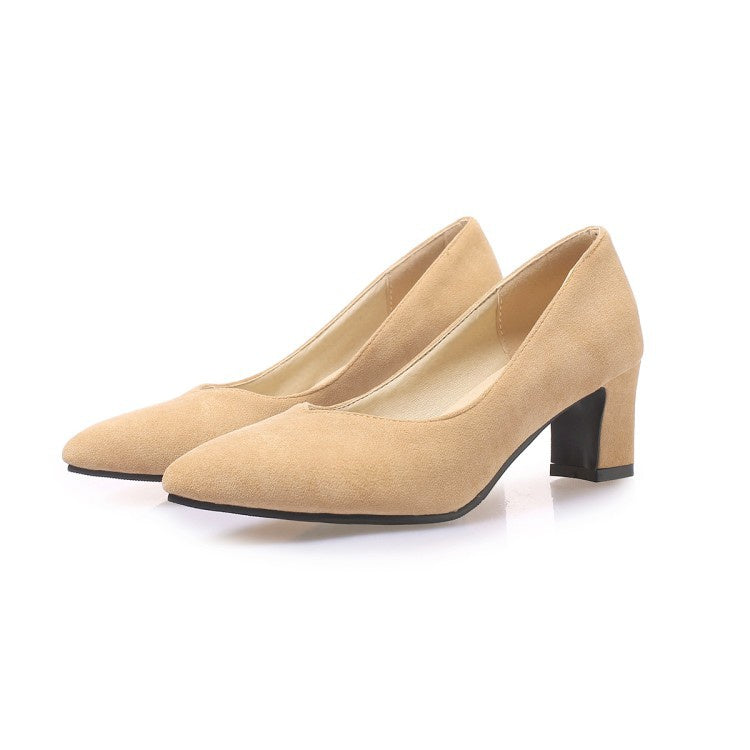 Women Suede Pointed Toe High Heeled Chunky Heels Pumps