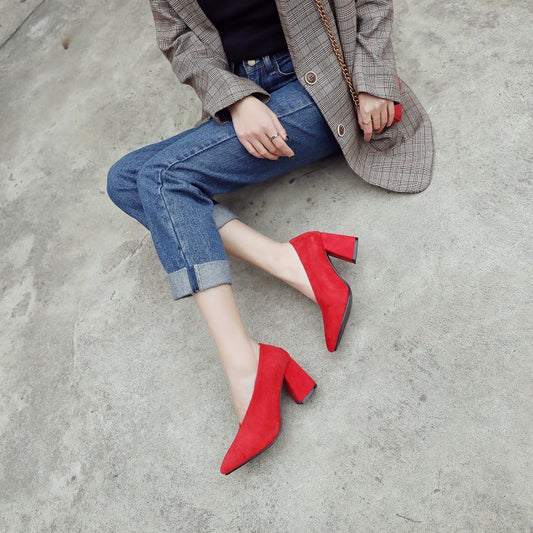 Women Suede High Heeled Chunky Heels Pumps