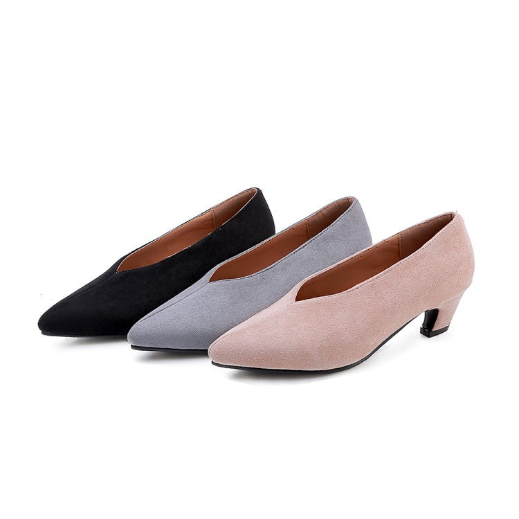 Women Pointed Toe Suede Chunky Heels Pumps