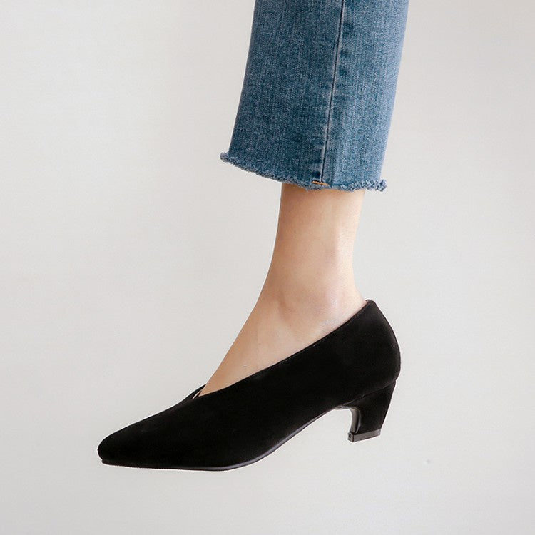 Women Pointed Toe Suede Chunky Heels Pumps