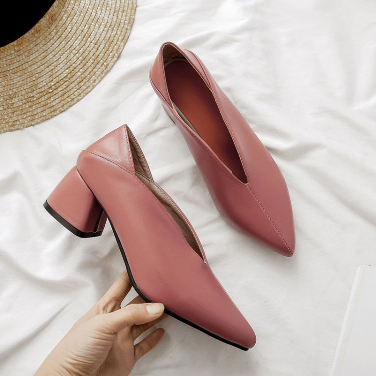 Women Pointed Toe High Heeled Chunky Heels Pumps