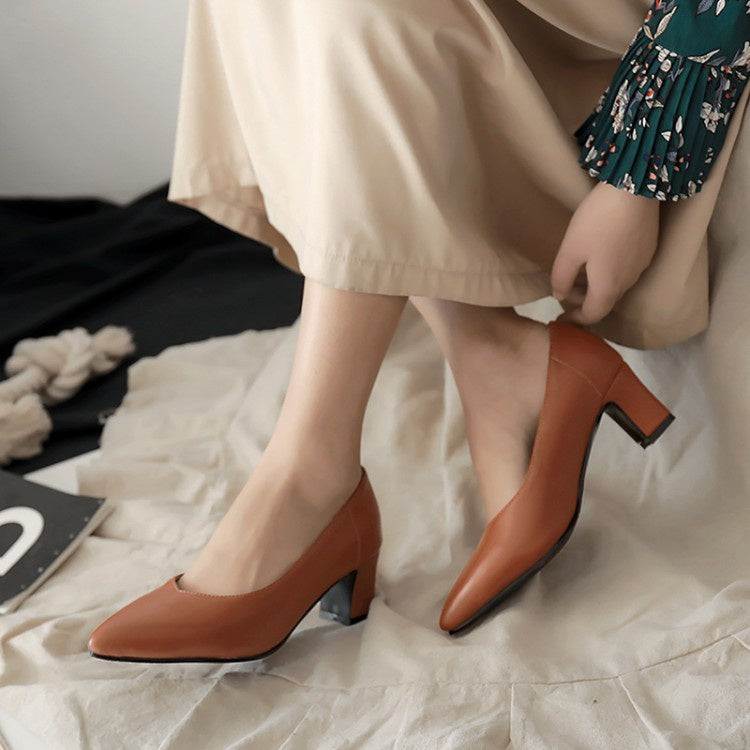 Women Soft Leather High Heeled Chunky Heels Pumps