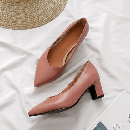 Women Soft Leather High Heeled Chunky Heels Pumps